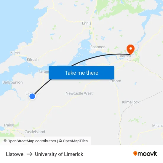 Listowel to University of Limerick map