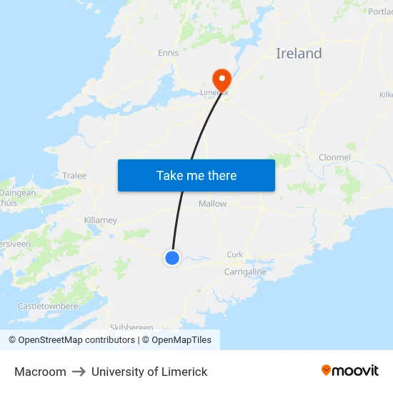 Macroom to University of Limerick map