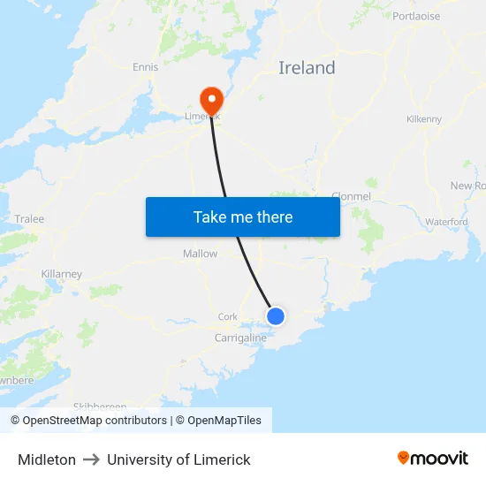 Midleton to University of Limerick map