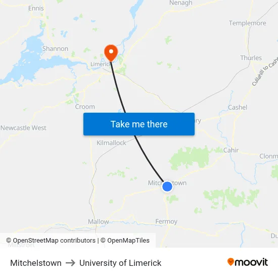 Mitchelstown to University of Limerick map