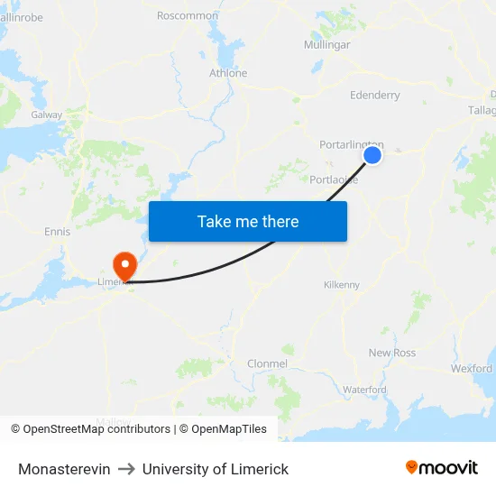 Monasterevin to University of Limerick map