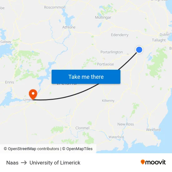 Naas to University of Limerick map