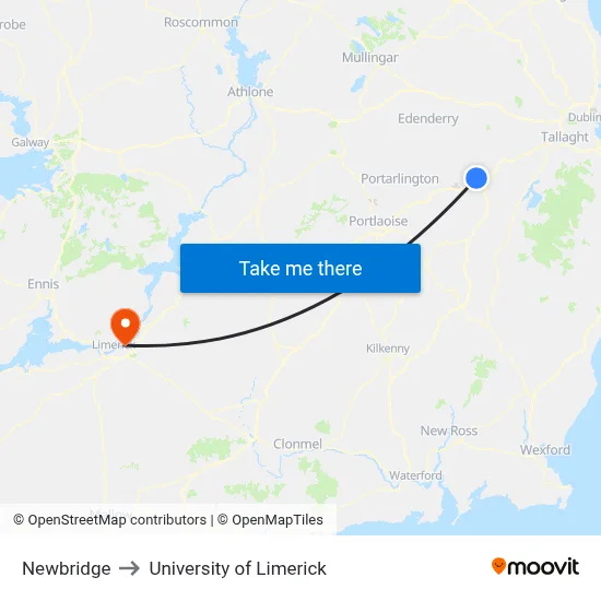 Newbridge to University of Limerick map
