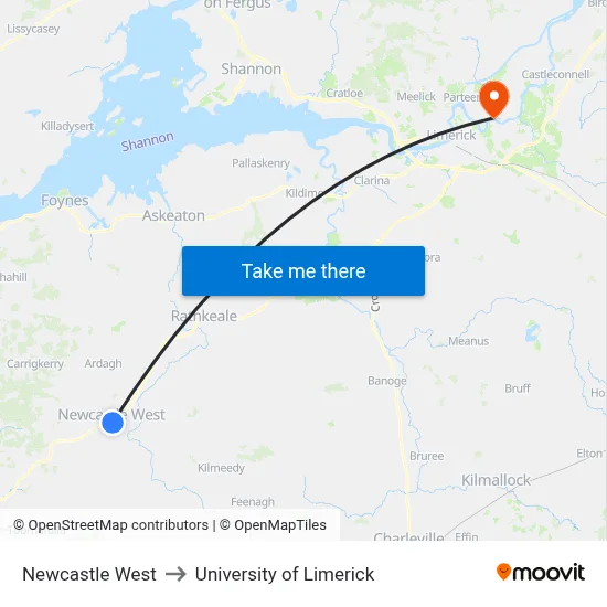 Newcastle West to University of Limerick map