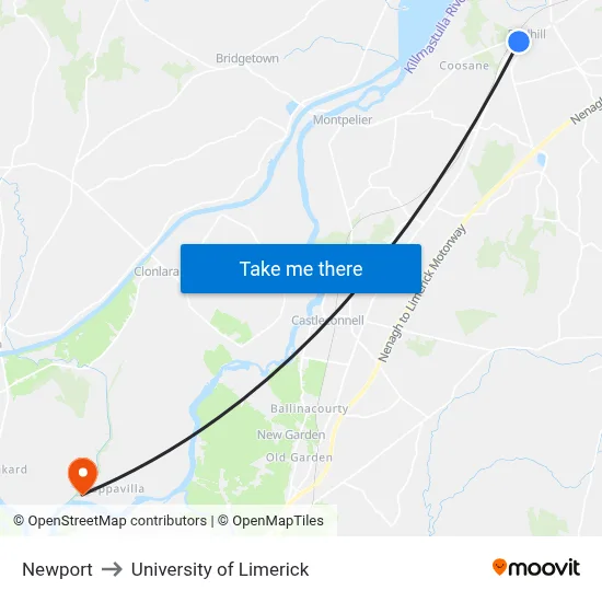 Newport to University of Limerick map
