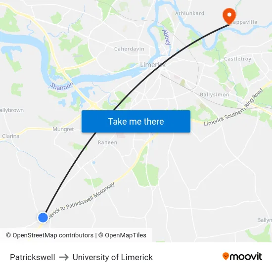 Patrickswell to University of Limerick map