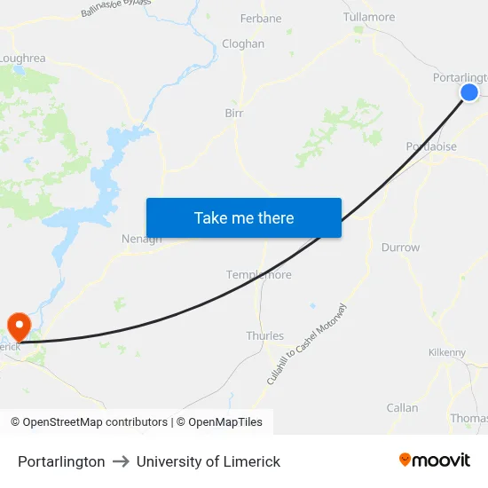 Portarlington to University of Limerick map