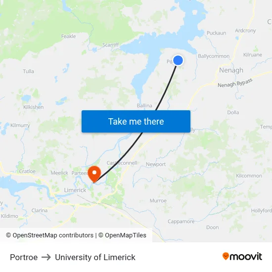 Portroe to University of Limerick map