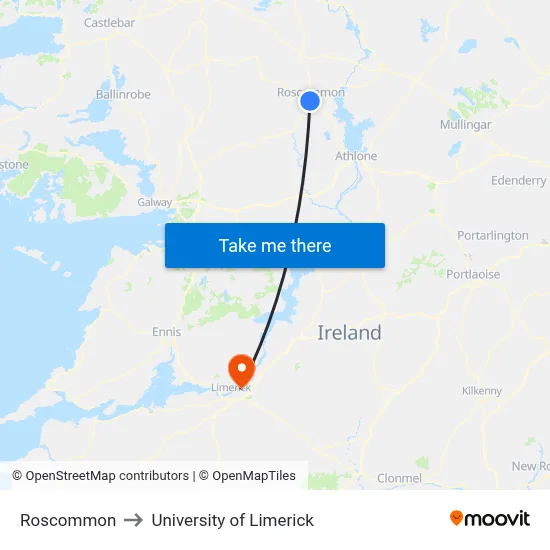 Roscommon to University of Limerick map