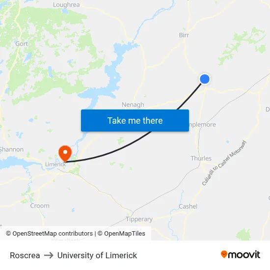 Roscrea to University of Limerick map
