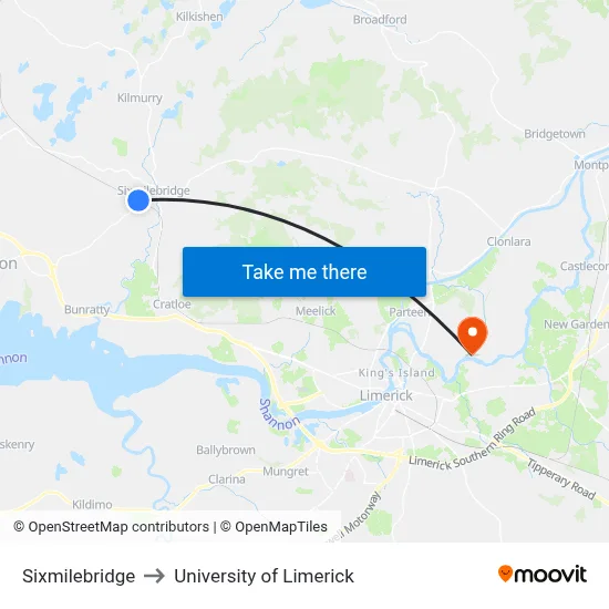 Sixmilebridge to University of Limerick map