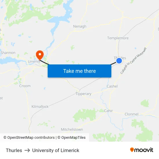 Thurles to University of Limerick map