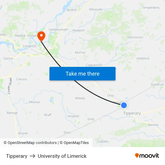 Tipperary to University of Limerick map