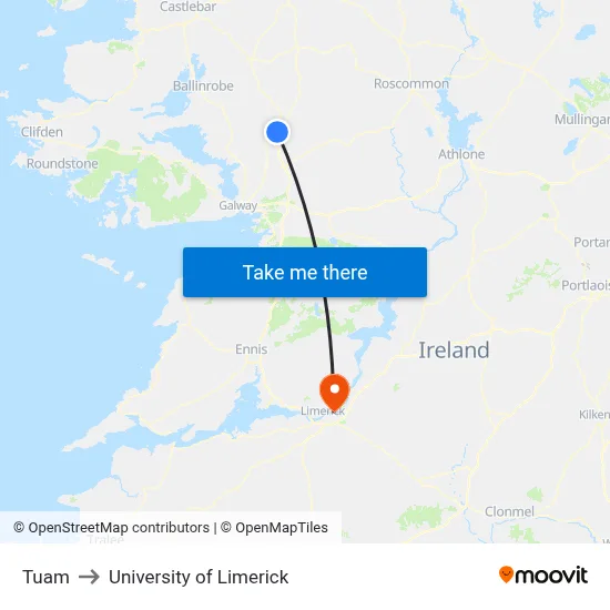 Tuam to University of Limerick map