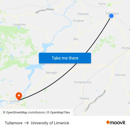 Tullamore to University of Limerick map