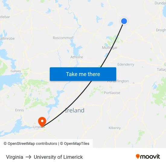 Virginia to University of Limerick map