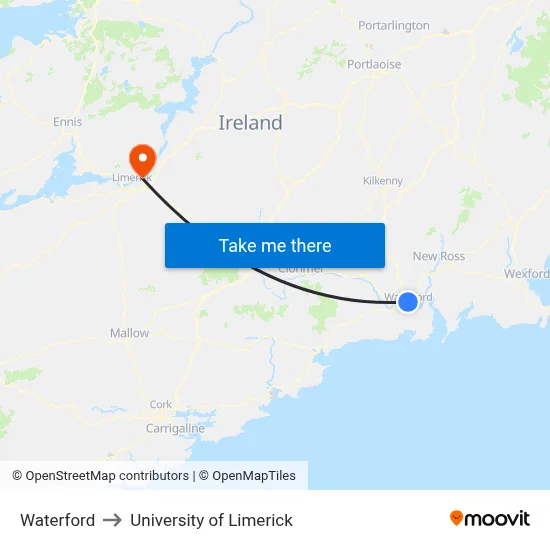 Waterford to University of Limerick map