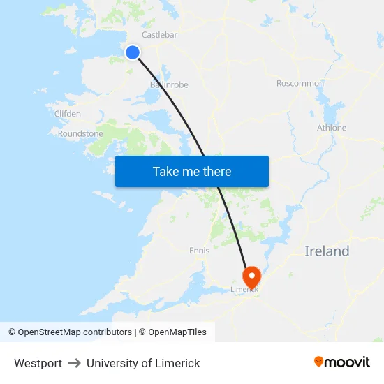 Westport to University of Limerick map