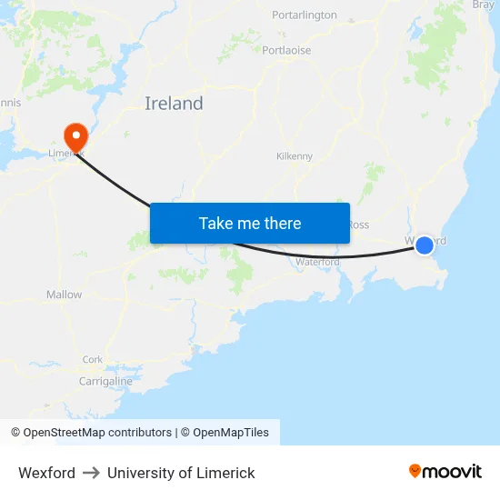 Wexford to University of Limerick map
