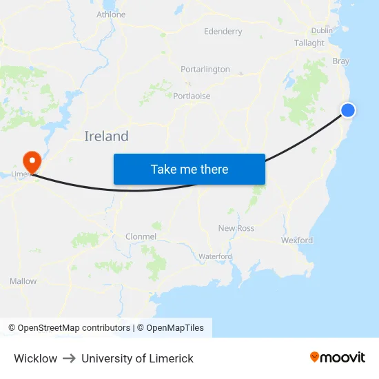 Wicklow to University of Limerick map