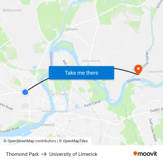 Thomond Park to University of Limerick map