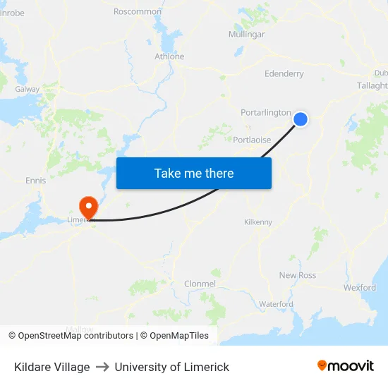 Kildare Village to University of Limerick map