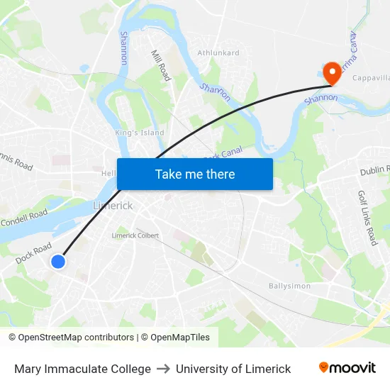 Mary Immaculate College to University of Limerick map