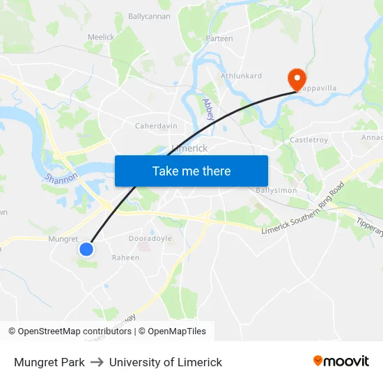 Mungret Park to University of Limerick map