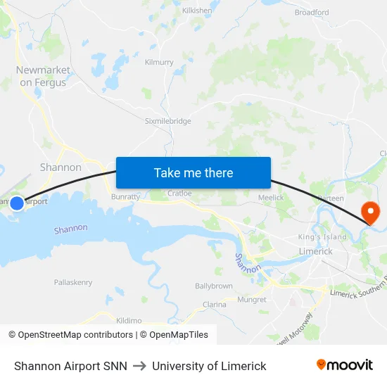 Shannon Airport SNN to University of Limerick map