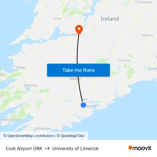 Cork Airport ORK to University of Limerick map