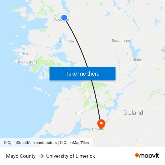 Mayo County to University of Limerick map