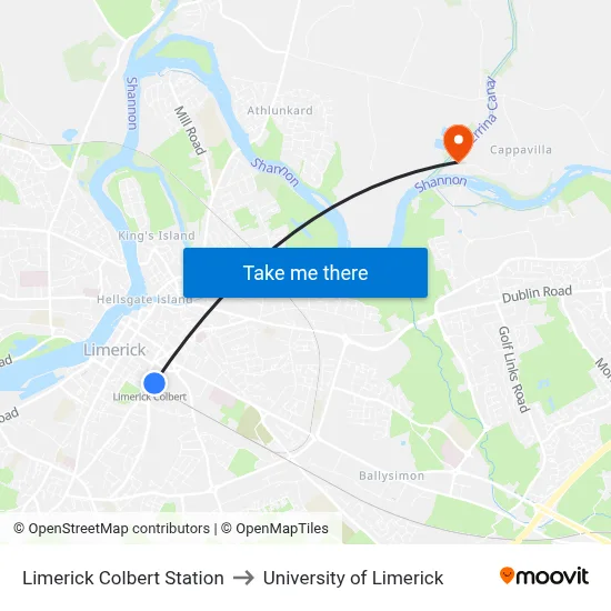 Limerick Colbert Station to University of Limerick map