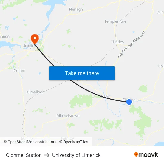 Clonmel Station to University of Limerick map