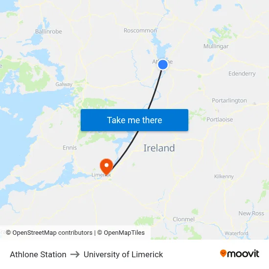 Athlone Station to University of Limerick map