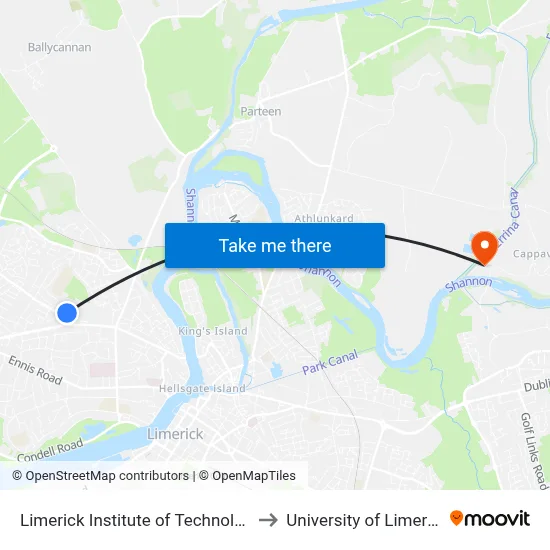 Limerick Institute of Technology to University of Limerick map