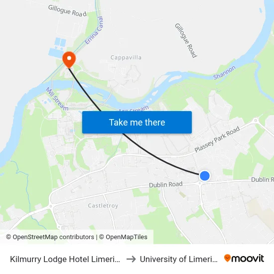 Kilmurry Lodge Hotel Limerick to University of Limerick map
