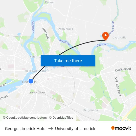 George Limerick Hotel to University of Limerick map