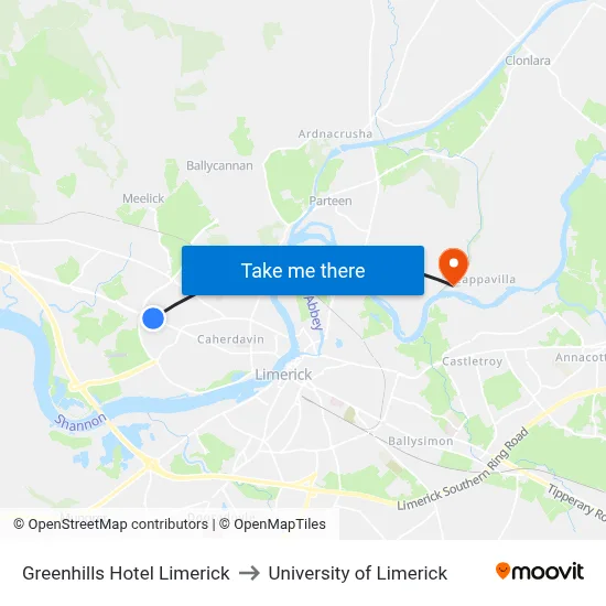 Greenhills Hotel Limerick to University of Limerick map