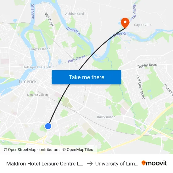 Maldron Hotel Leisure Centre Limerick to University of Limerick map