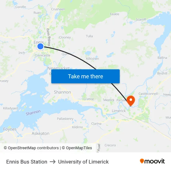 Ennis Bus Station to University of Limerick map