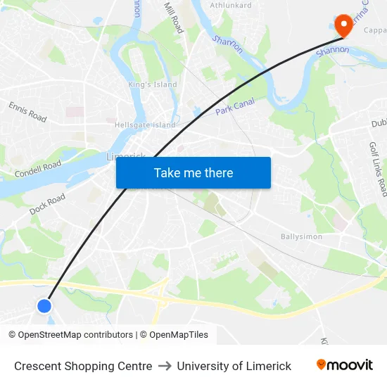 Crescent Shopping Centre to University of Limerick map