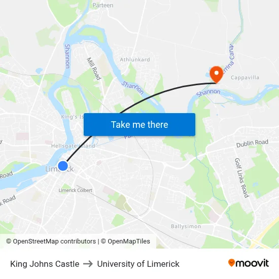 King Johns Castle to University of Limerick map