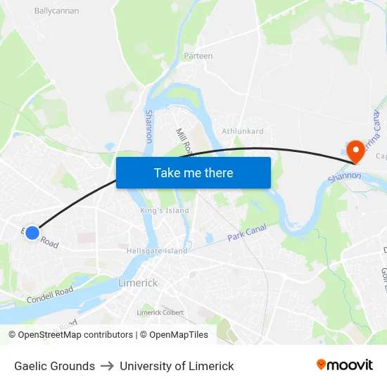 Gaelic Grounds to University of Limerick map
