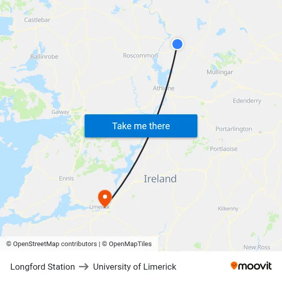 Longford Station to University of Limerick map
