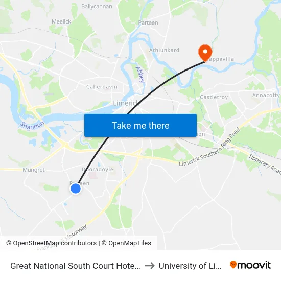 Great National South Court Hotel Limerick to University of Limerick map