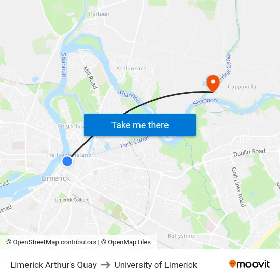 Limerick Arthur's Quay to University of Limerick map
