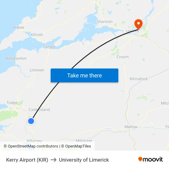 Kerry Airport (KIR) to University of Limerick map