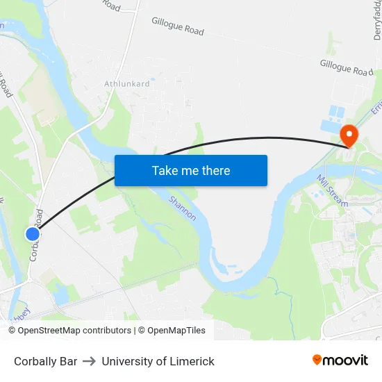 Corbally Bar to University of Limerick map