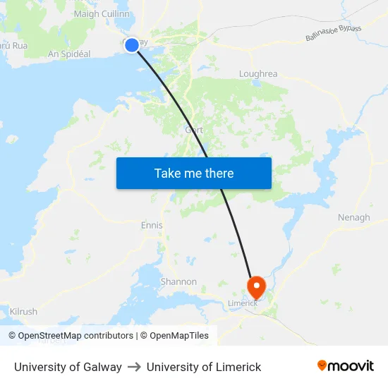 University of Galway to University of Limerick map