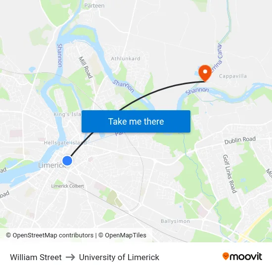 William Street to University of Limerick map